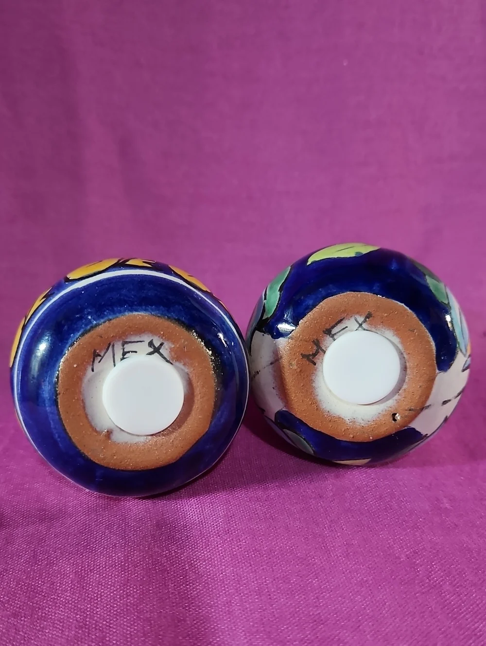 Vibrant Handpainted Mexican Talavera Gourd Shaped Salt/Pepper Shakers w/Stoppers